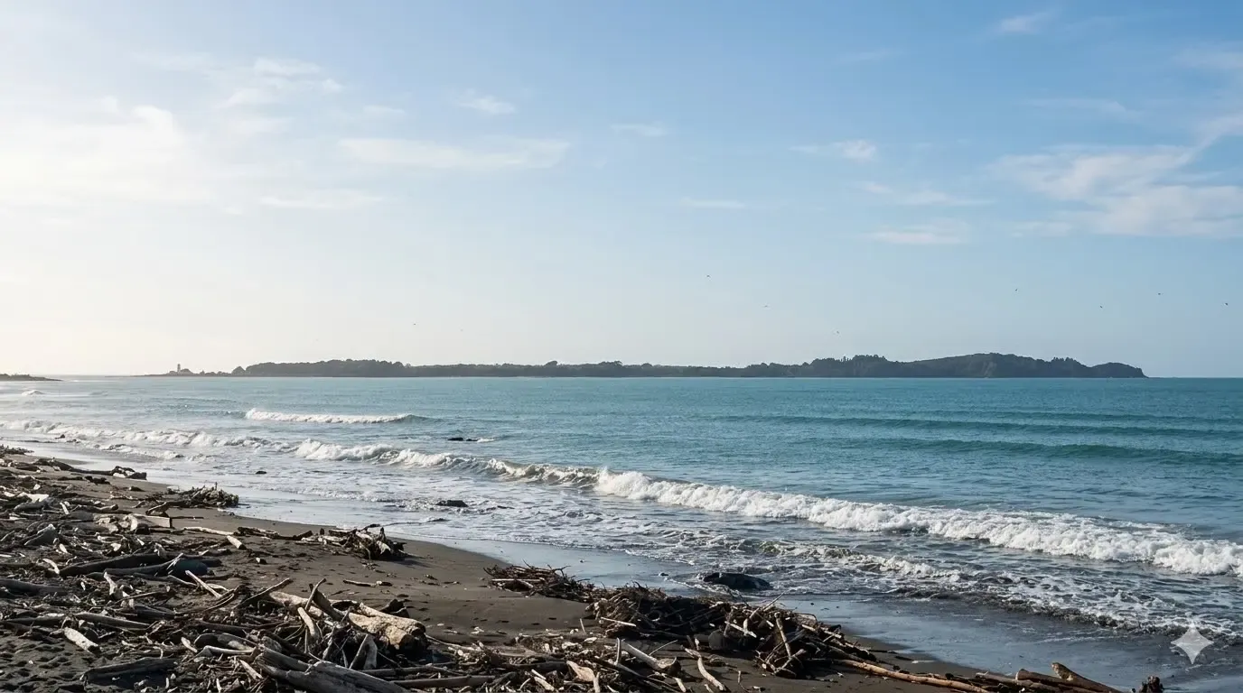 Waves rolling onto a dark-sand beach on Jamaica’s south coast